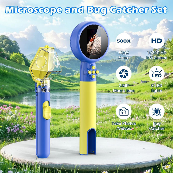 Digital Microscope with Bug Catcher for Children, 500X Digital Microscope for Kids with 2.0" HD Scre