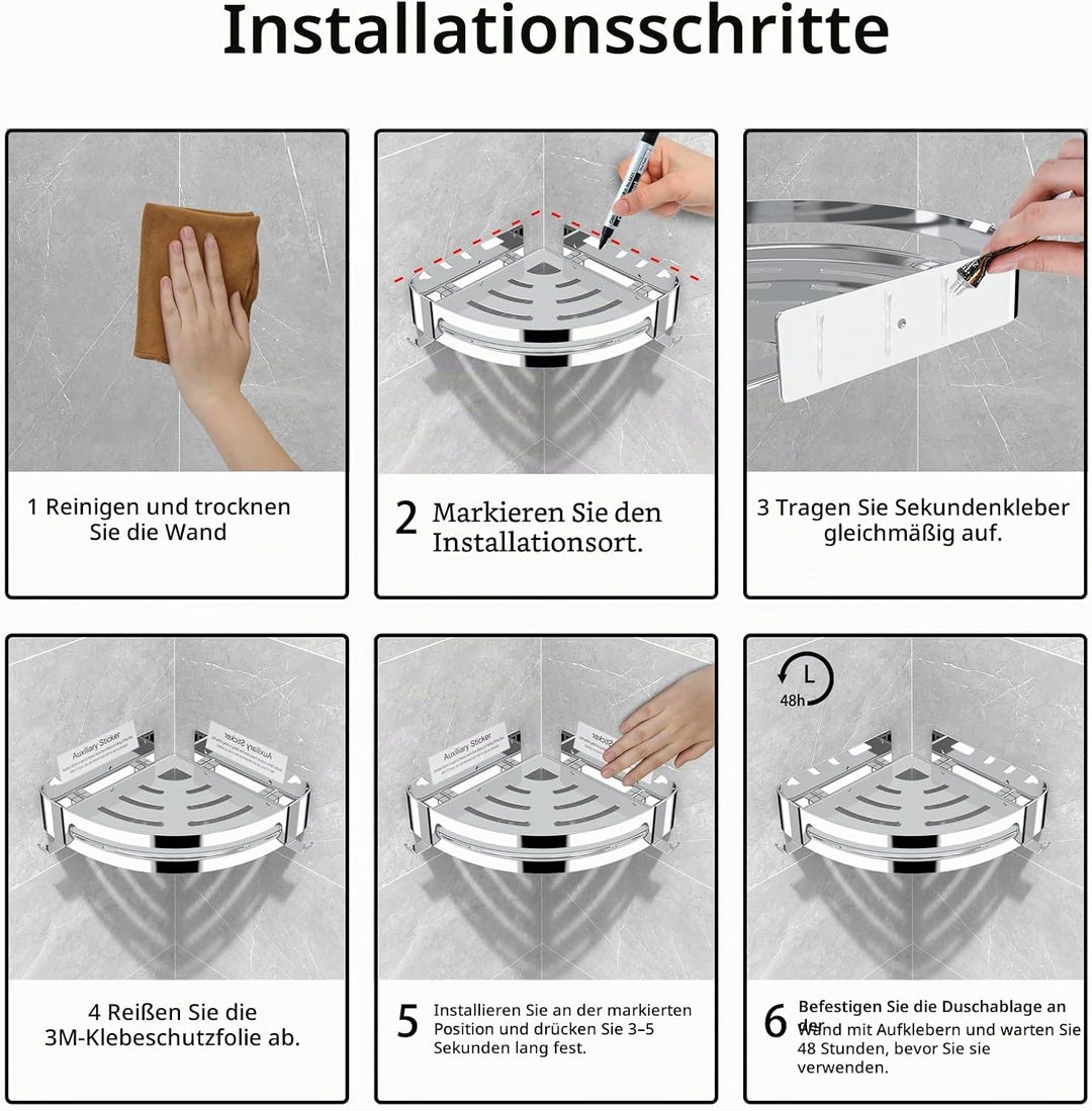 Duschablage Ohne Bohren, Duschregale aus 304 Edelstahl mit 2 Haken, Dusche Silber Duschregale, Dusch