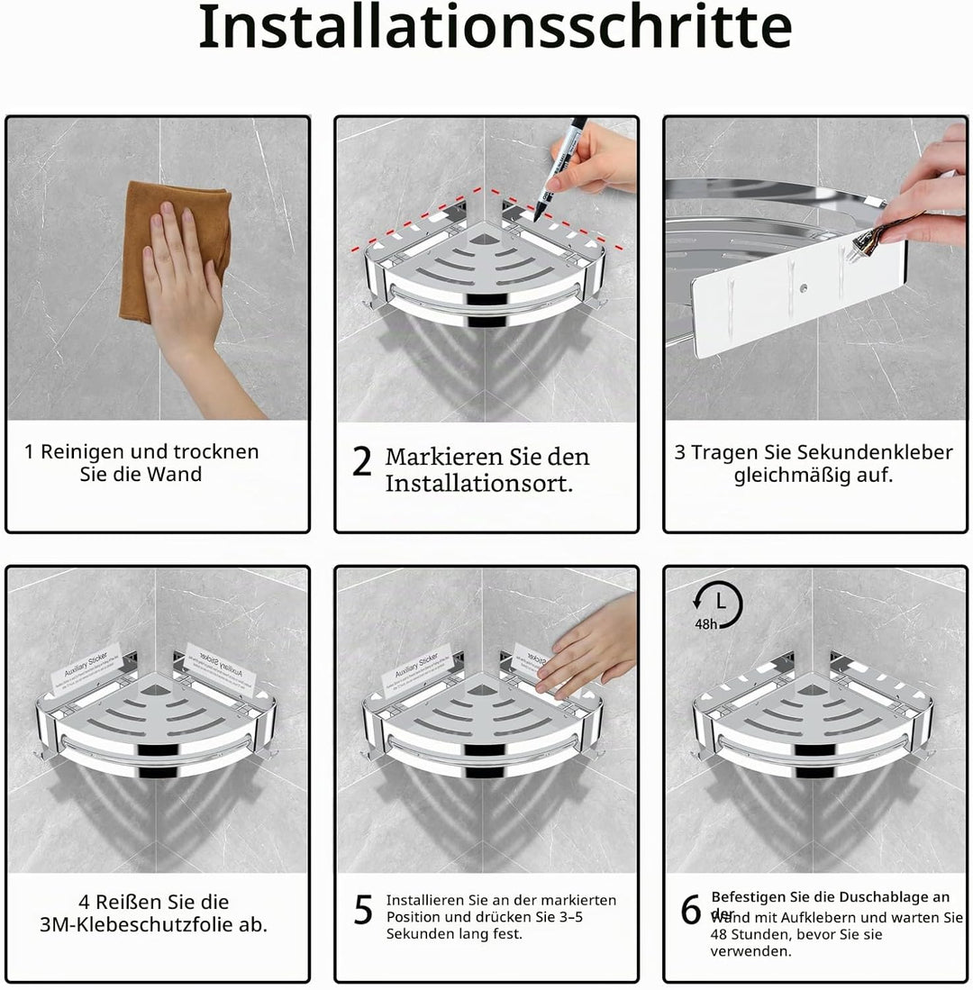 Duschablage Ohne Bohren, Duschregale aus 304 Edelstahl mit 2 Haken, Dusche Silber Duschregale, Dusch