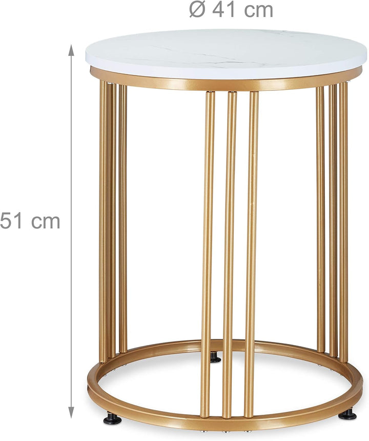 Relaxdays Beistelltisch MARMO, runder Sofatisch, Metall & MDF, weiss/Gold | für Wohnzimmer, Marmorop