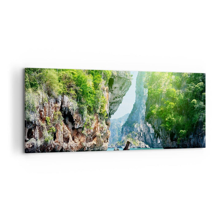 Wandbilder Dekoration Wohnzimmer Boot Klippen Natur Felsen Panorama Bilder auf Leinwand 120x50cm Lei
