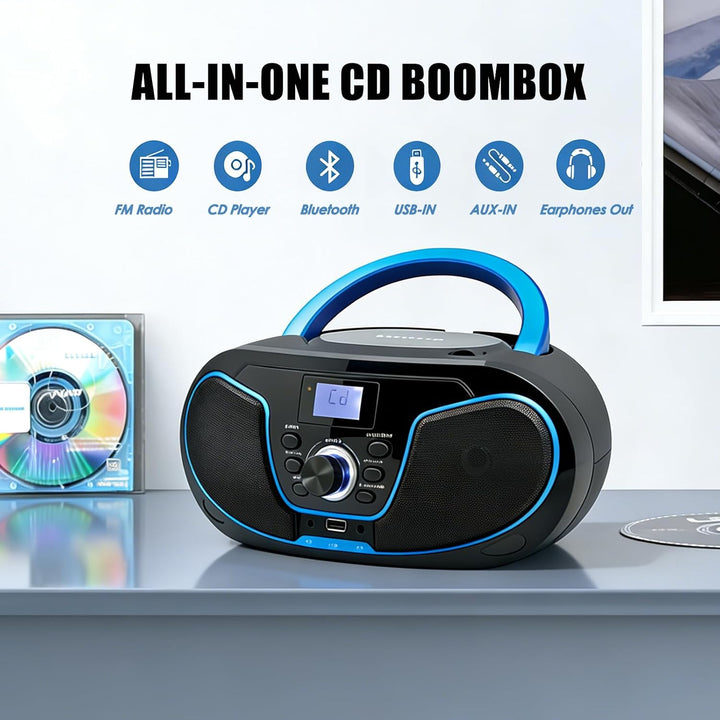 Tragbar CD Player Boombox Bluetooth - mit UKW Radio, USB Eingang & AUX & Kopfhörern Ports, 2 x 2 Wat