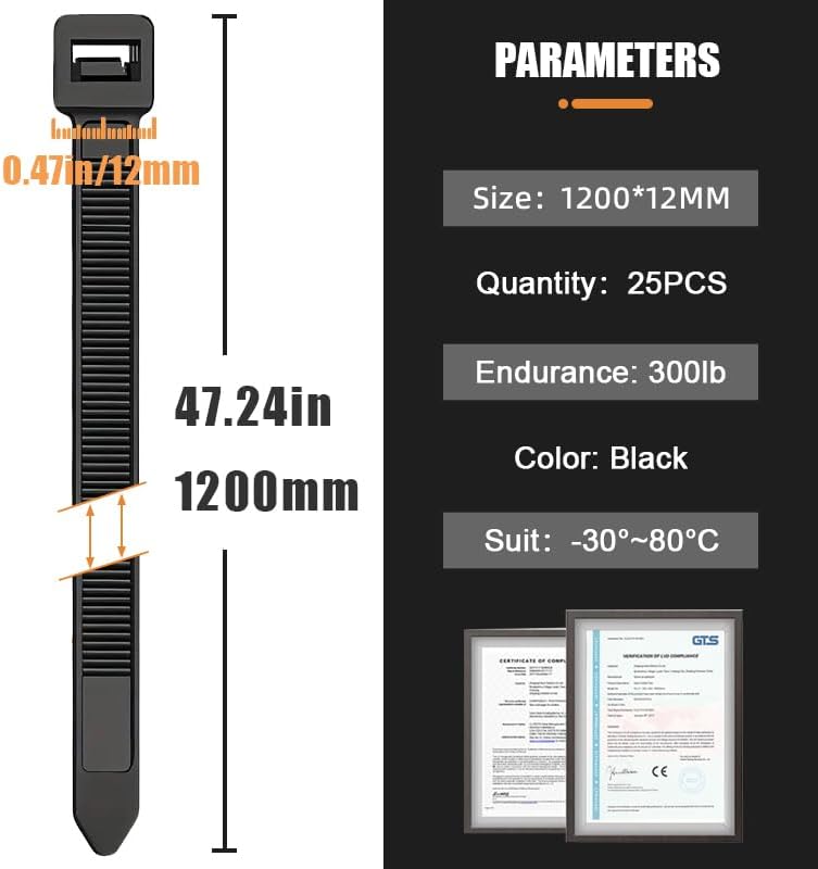 Extra large Kabelbinder 12mmx 1200mm, Industrie UV-Beständig ultra starke Kabelbinder mit 120 kg Zug