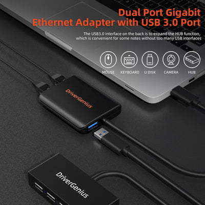 DriverGenius CU200 USB 3.0 to Dual Port Gigabit Ethernet Adapter NIC with USB Port - Windows 11 & Ma