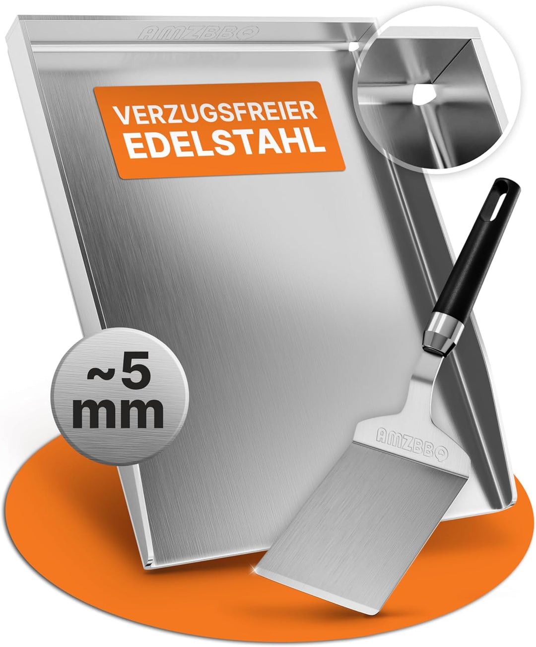 AMZBBQ® Premium Plancha Set - 40 x 30 cm - Grillplatte für Gas- & Kohlegrill - 4,8 mm massiver Edels