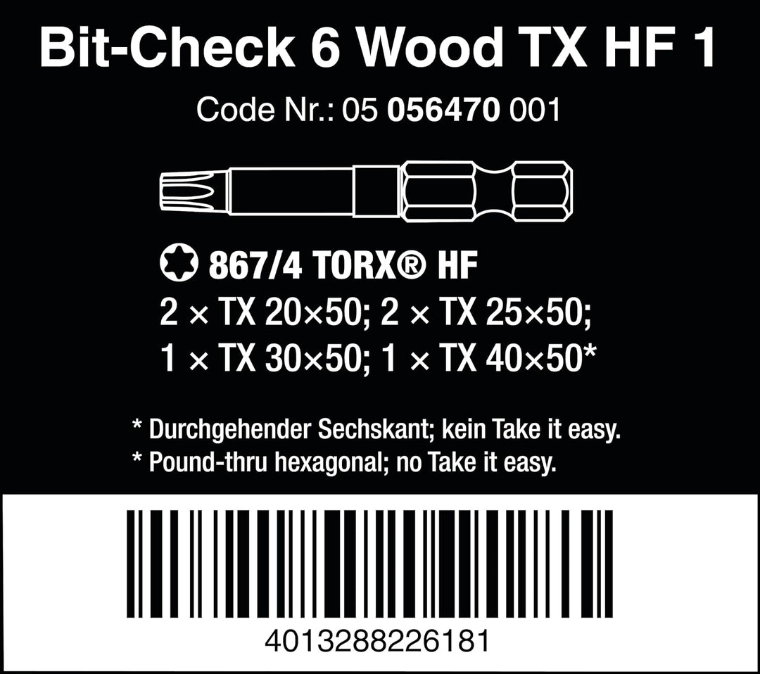 Wera - 05056470001 - Bit Sortiment, Bit-Check 6 Wood TX HF 1, 6-teilig