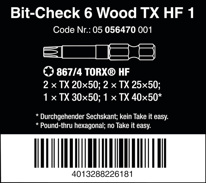 Wera - 05056470001 - Bit Sortiment, Bit-Check 6 Wood TX HF 1, 6-teilig