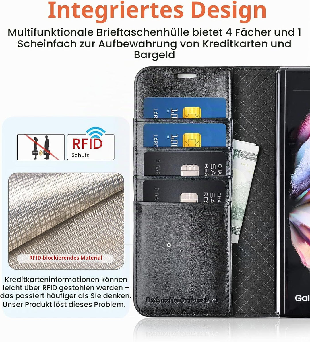 OCASE Hülle Samsung Galaxy Z Fold 3 5G Handyhülle mit S Pen Halter [Premium PU Leder] [Kartenfach] C