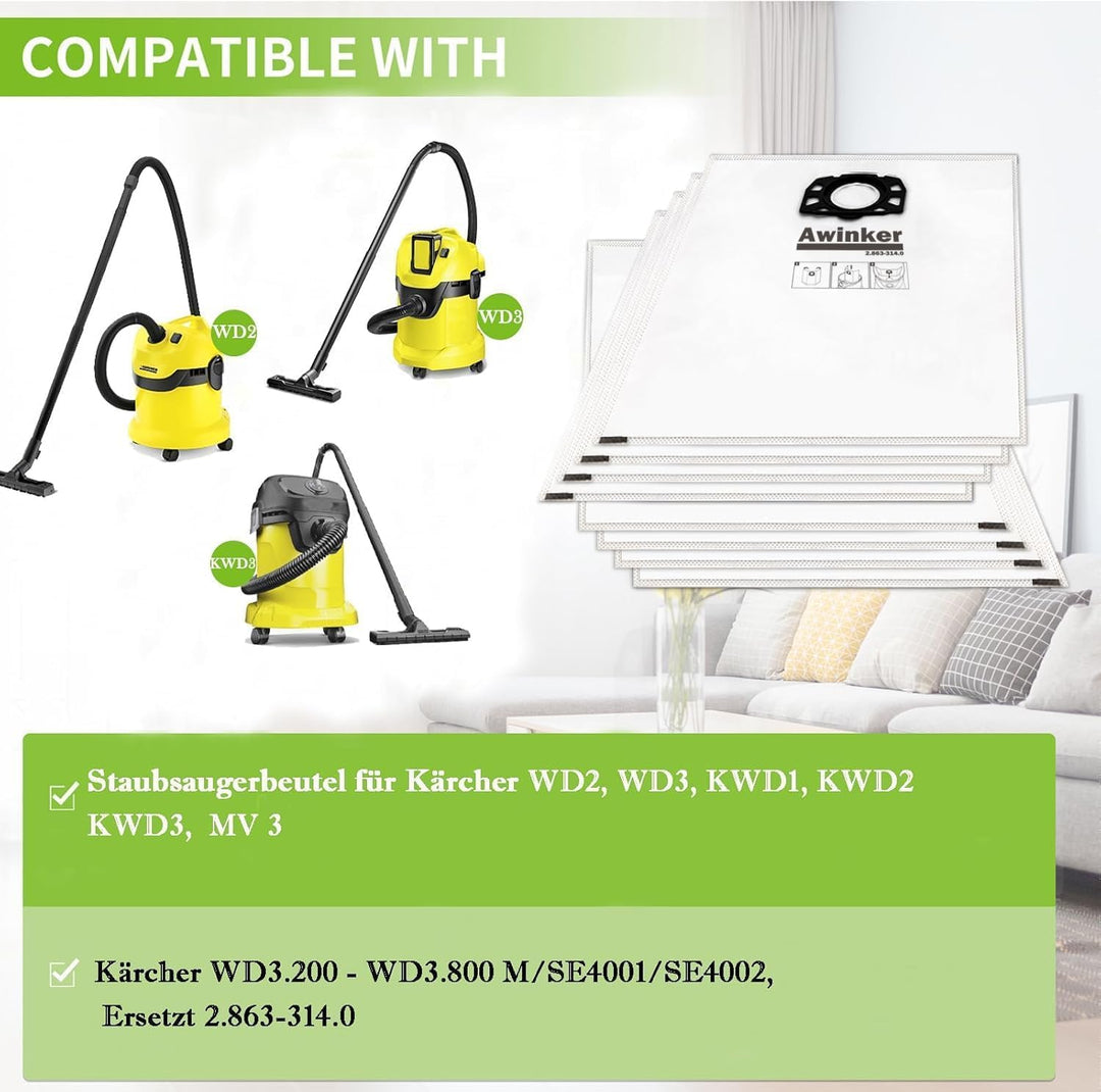 6 Stück KFI 357 Staubsaugerbeutel für Kärcher WD2 WD3 KWD1 KWD2 KWD3 WD3.200 - WD3.800 M/SE4001/SE40