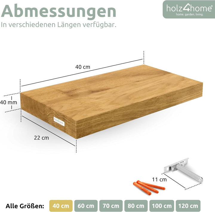holz4home® Wandregal ohne Baumkante 40 cm Länge, Natur Geölt I Schweberegal mit Befestigung im moder