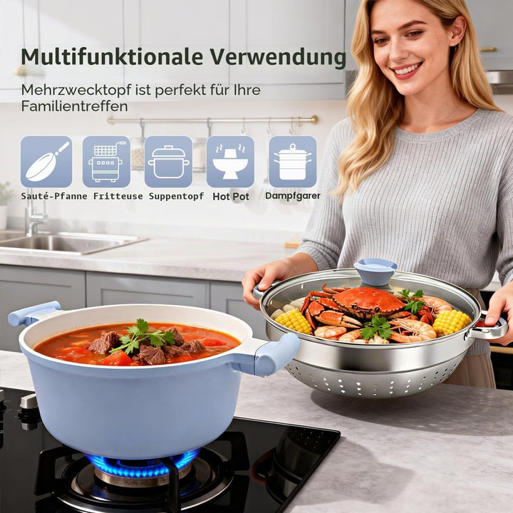 AIKENBBKK Kochtopf 28cm mit Dampfkorb, 7L Keramik-Dampfkochtopf mit Deckel, Antihaft Schmortopf für
