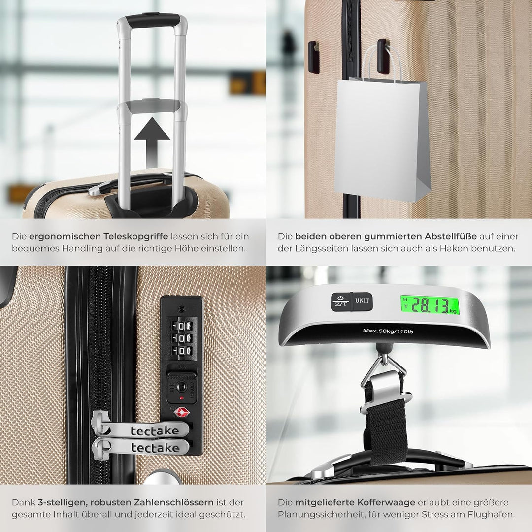 tectake® 3er Kofferset mit Kofferwaage & Kofferanhänger, Reisekoffer Set, ABS Hartschalenkoffer Set,