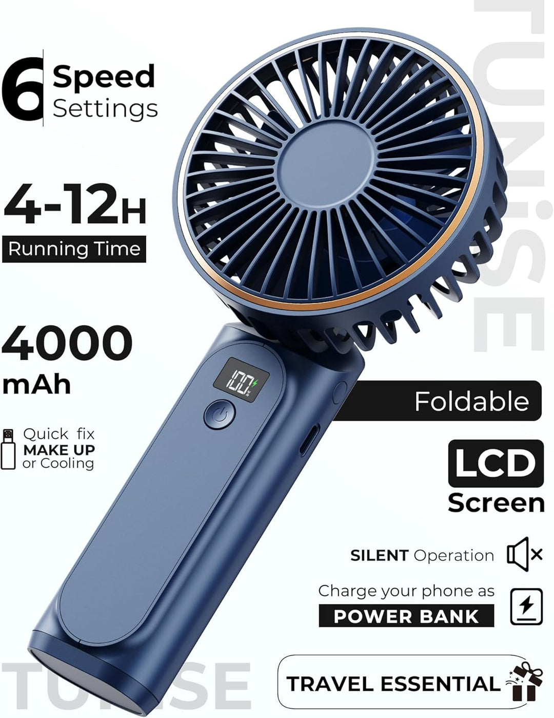 TUNISE Handventilator, Tragbar, Mini-Ventilator mit 4000mAh, 6 Geschwindigkeiten, LED-Display, 180°
