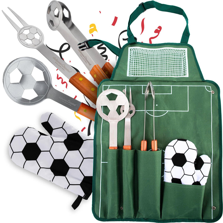 deluxe4home® Grillbesteck im Fussball-Look I Grillset inkl. Grillzange Grillwender Grillschürze Gril