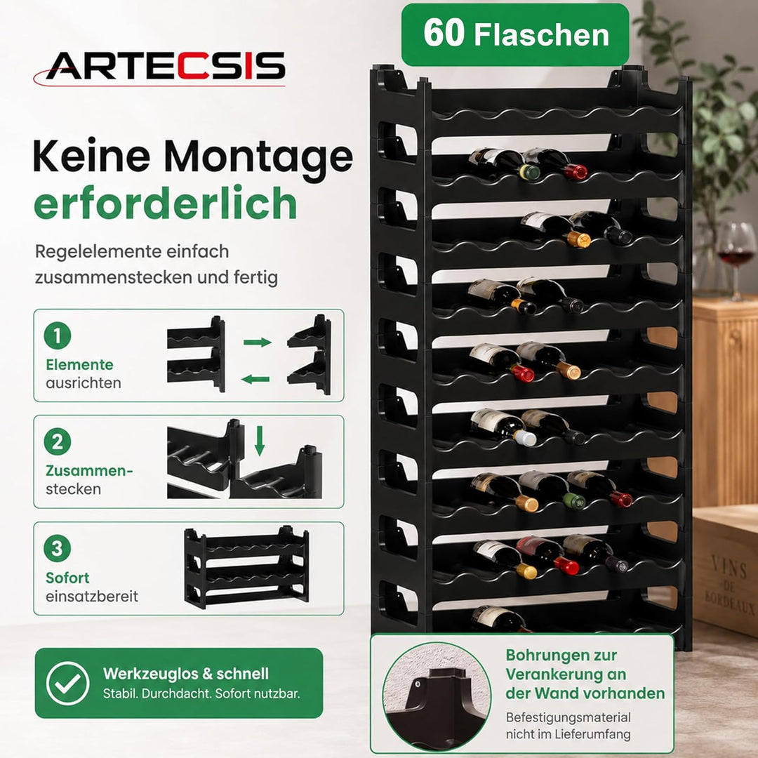 ARTECSIS Weinregal stapelbar Kunststoff für 60 Flaschen, stabiles Flaschenregal in Gastronomie-Quali