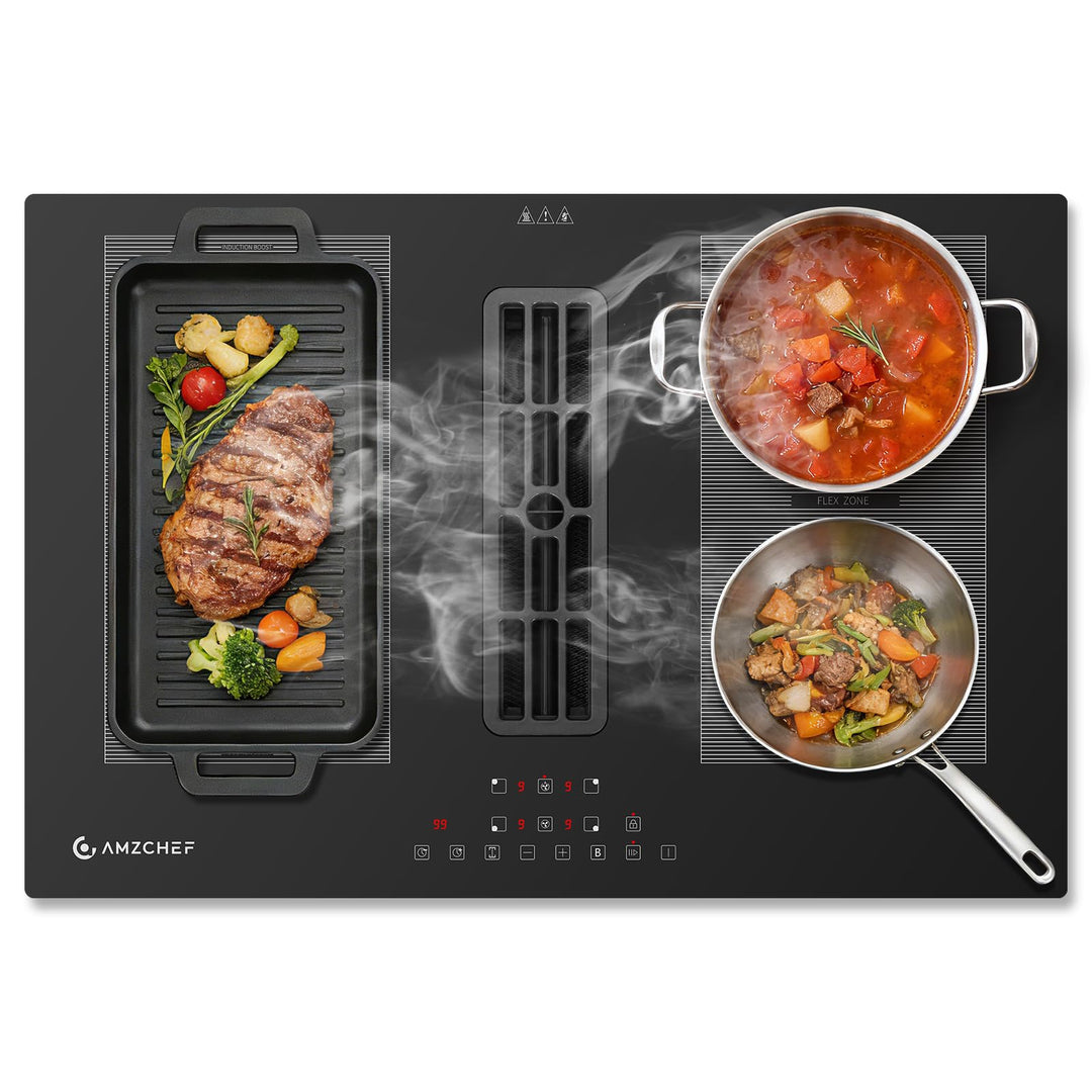 AMZCHEF Induktionskochfeld mit integriertem Dunstabzug 7200W, 4 Kochzonen, Autarkes Muldenlüfter-Koc