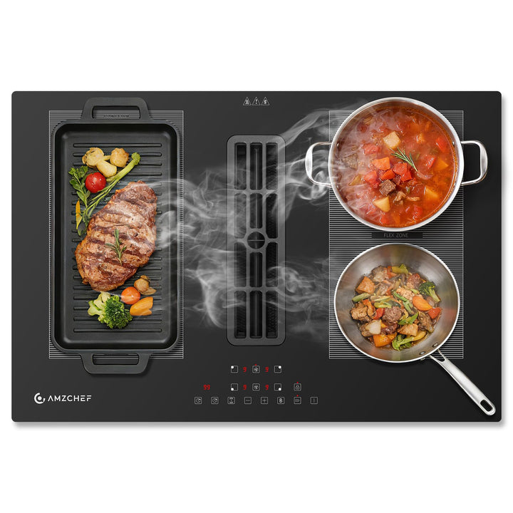 AMZCHEF Induktionskochfeld mit integriertem Dunstabzug 7200W, 4 Kochzonen, Autarkes Muldenlüfter-Koc