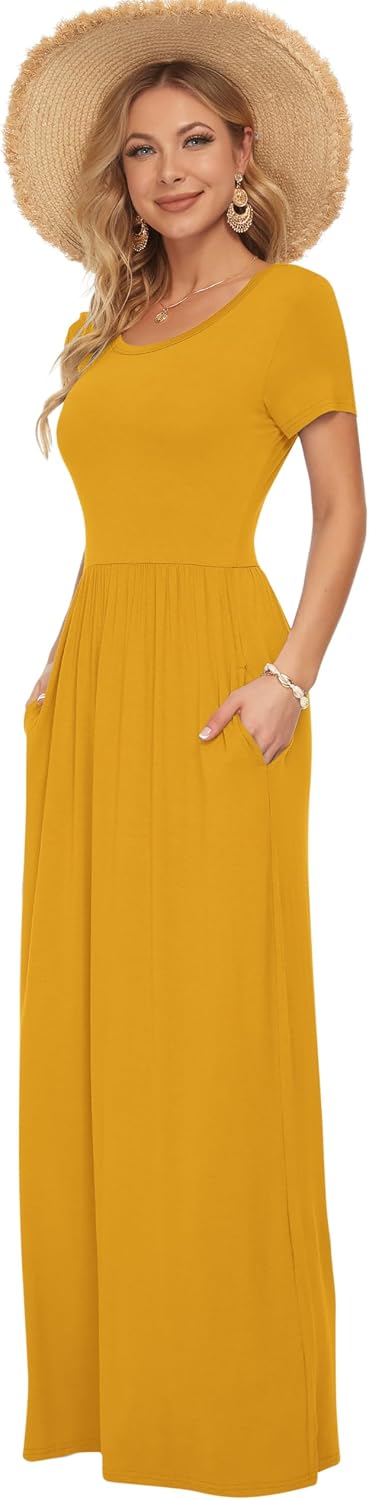 AUSELILY Damen Kurzarm Sommer Casual Long Maxi Kleider mit Taschen Gelb XS, Gelb XS
