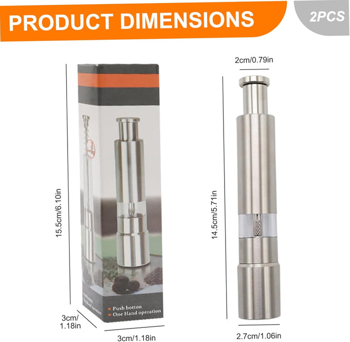 2pcs Salz- und Pfefferschleifer-Set, Push-Typ-Edelstahl-Pfefferschleiferhandbuch, abnehmbar und sich