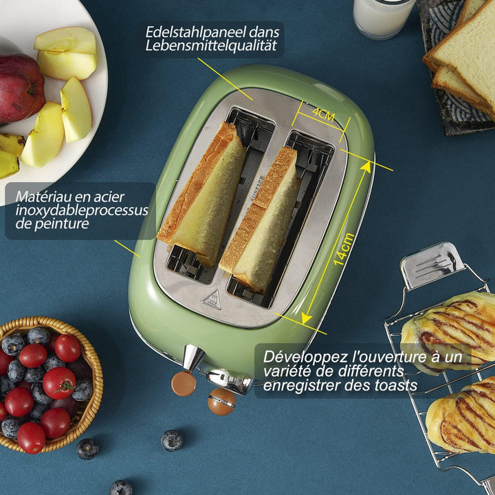 Wiltal Toaster Retro 2 Scheiben 6 Einstellbare Bräunungstufen，Edelstahl mit hochwertige Brötchenaufs