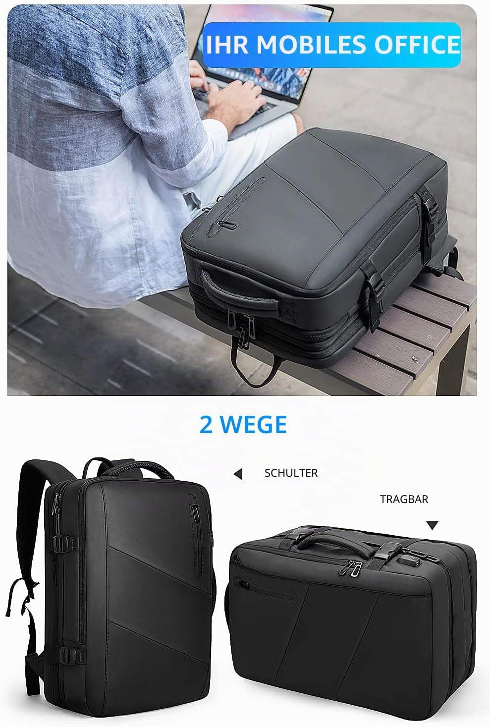 Mark Ryden Laptop-Rucksack, 38 L wasserdichter Business-Handgepäck Rucksack Diebstahlsicherer Rucksa