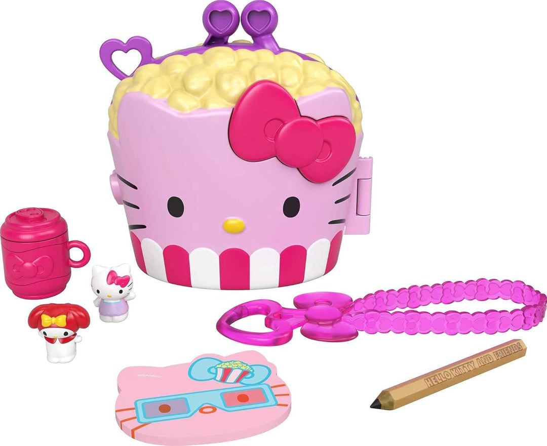 Hello Kitty GVB32 - Popcorn-Pyjamaparty (12,5 cm) mit 2 Sanrio Minis Figuren, Notizblock und Schreib
