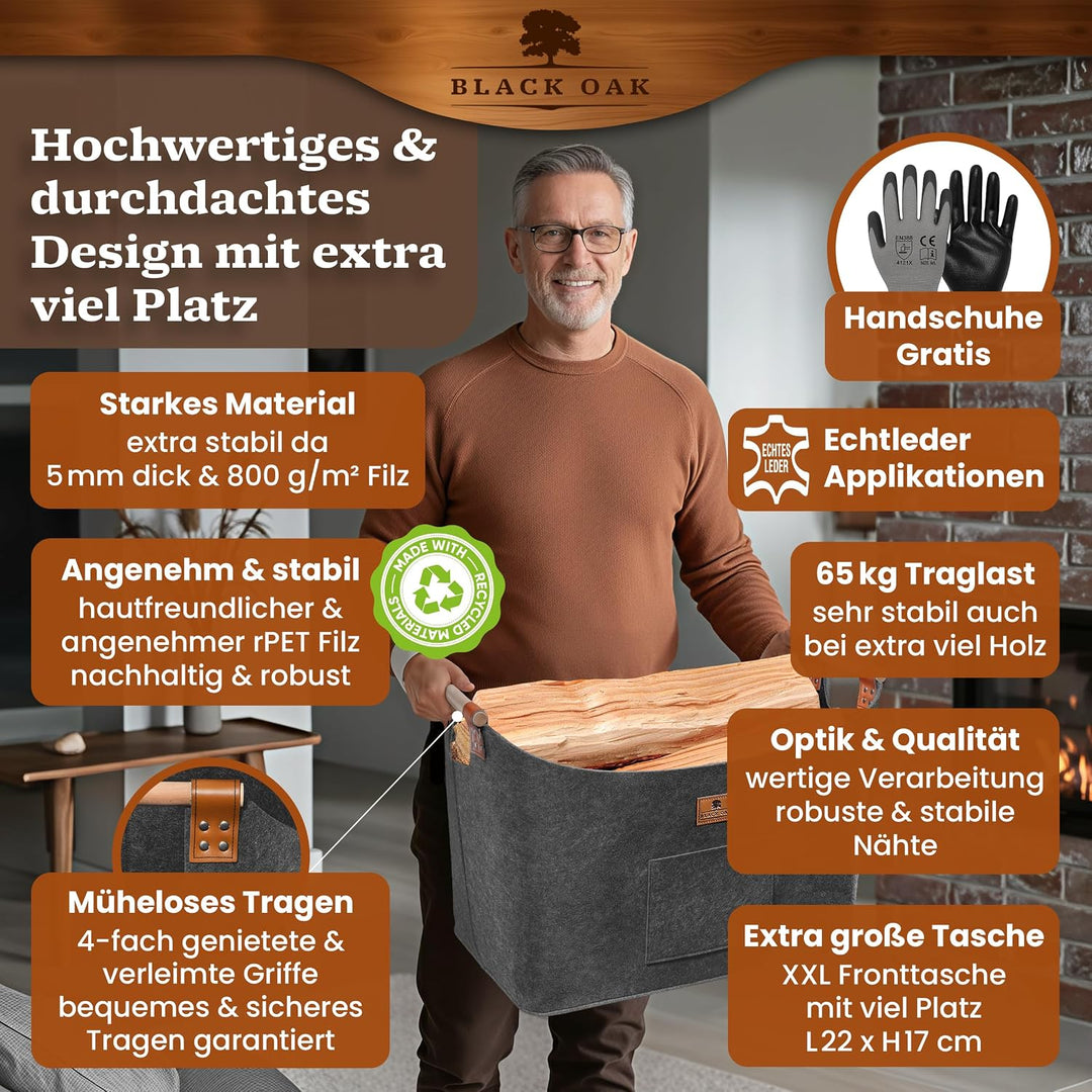 BLACK OAK Holzkorb MONTANA XXL 100L 60x36x45cm Filzkorb für Holz grau | Echt-Leder Applikation + bre