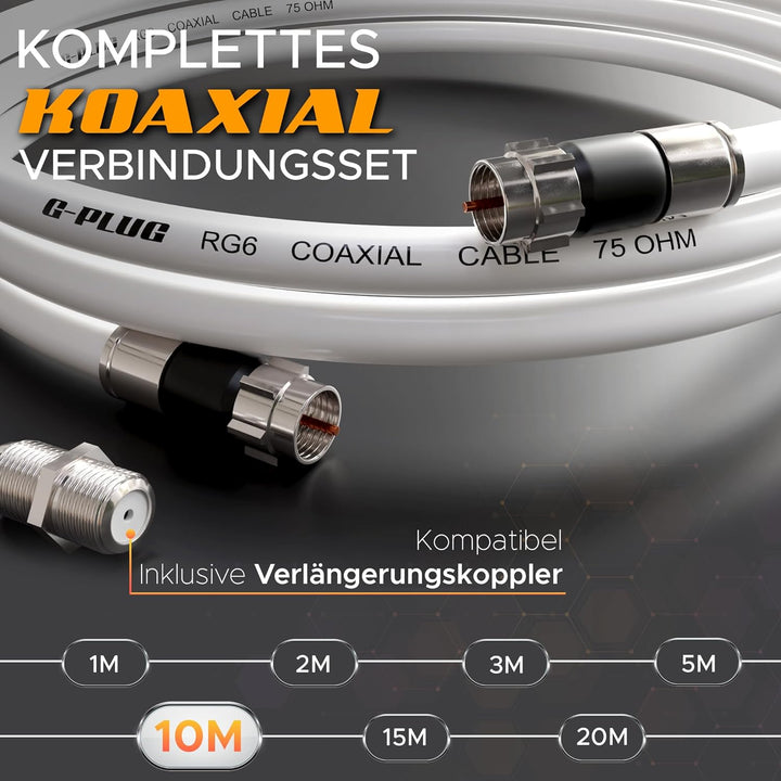G-PLUG Antennenkabel 10m - TV Kabel – Verlängerung für Sat Kabel F Stecker Koaxialkabel geeignet für