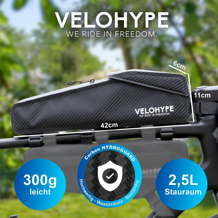 Velohype® XL-Bikepacking Oberrohrtasche | 2,5 Liter | 100% Wasserdicht | reissfestes Carbon-Hydrogua