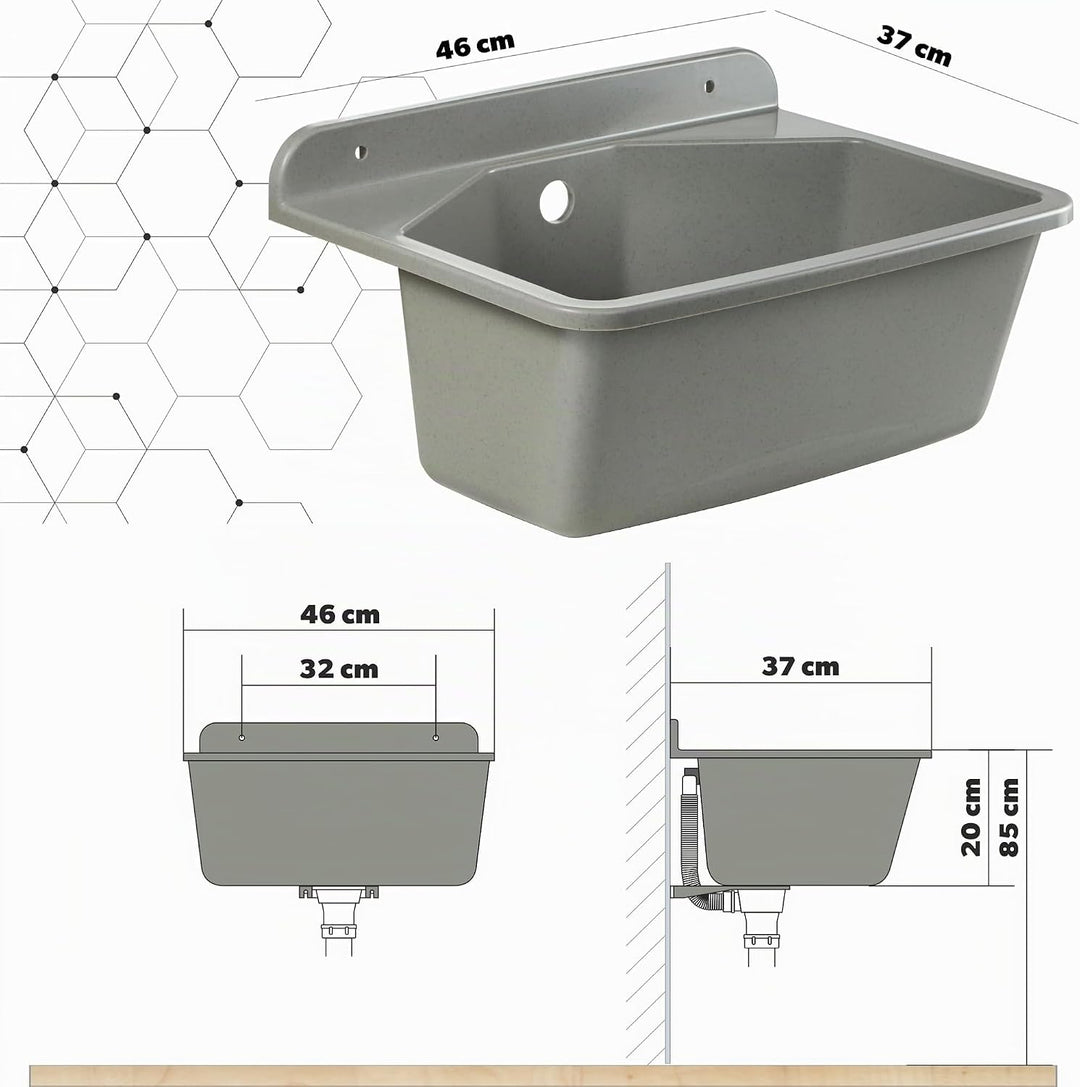 gospo Ausgussbecken mit Siphon, 46 x 37 x 20 cm, Waschbecken aus Kunststoff, Waschtrog für Garage, K