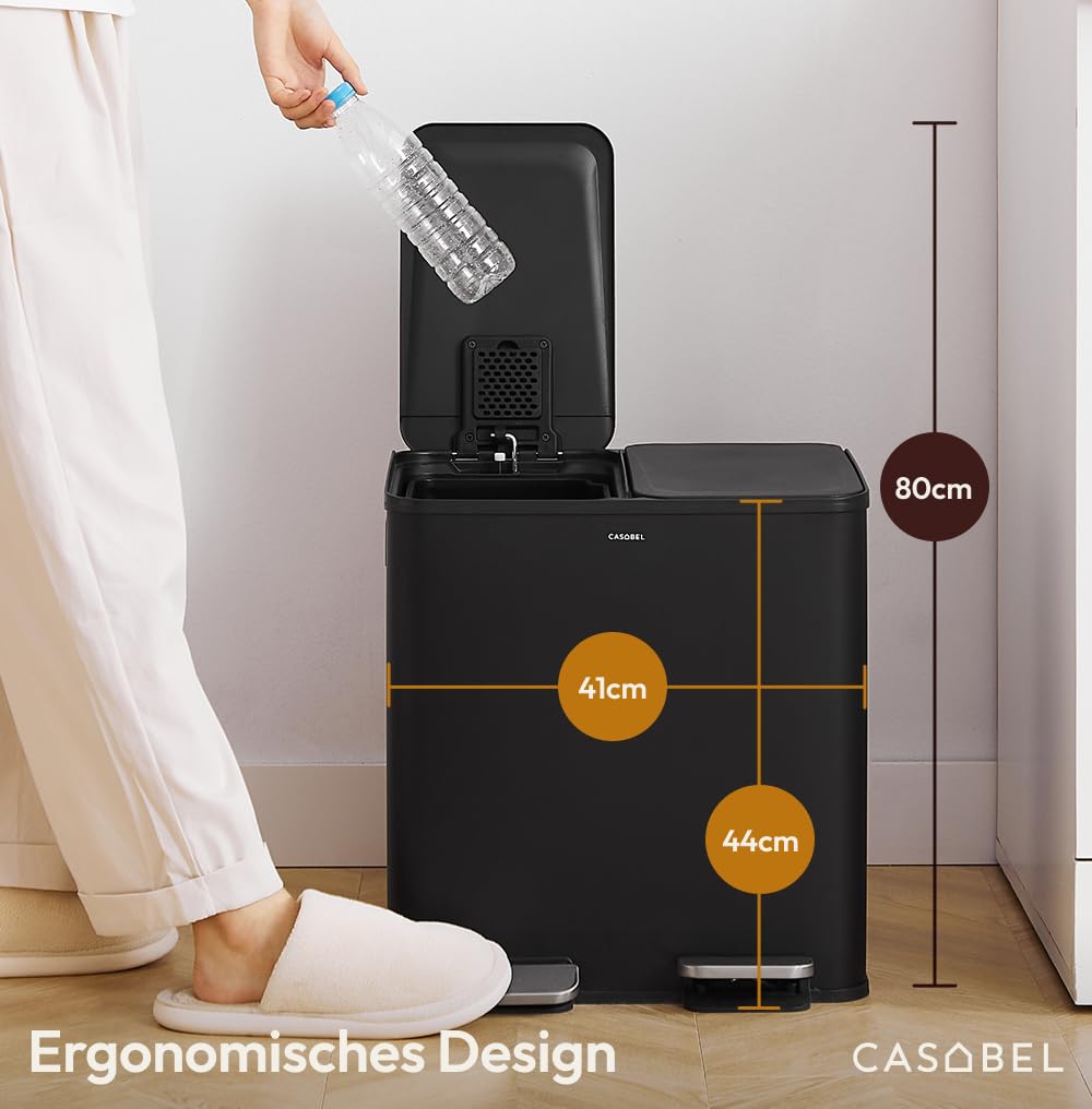 CASABEL Mülleimer Küche mit 2 Fächern, 2x15L, Tretmülleimer aus 100% Edelstahl, fingerabdruckresiste