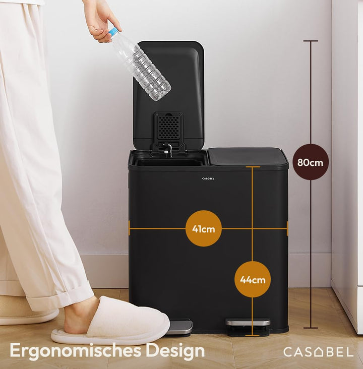 CASABEL Mülleimer Küche mit 2 Fächern, 2x15L, Tretmülleimer aus 100% Edelstahl, fingerabdruckresiste
