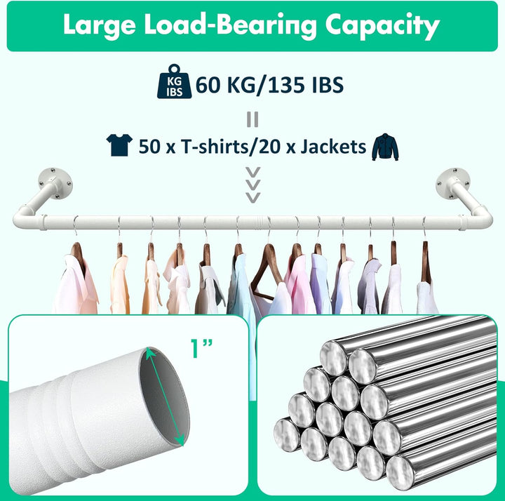 Kleiderstange für die Wand, 119cm Industrierohr Kleiderstangen,Kleiderständer Wandmontage, Industria