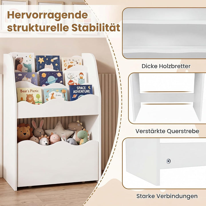 COSTWAY Kinder Bücherregal mit Schublade auf Rollen (Weiss) | 3-stufiges Kinderregal wellenförmig au
