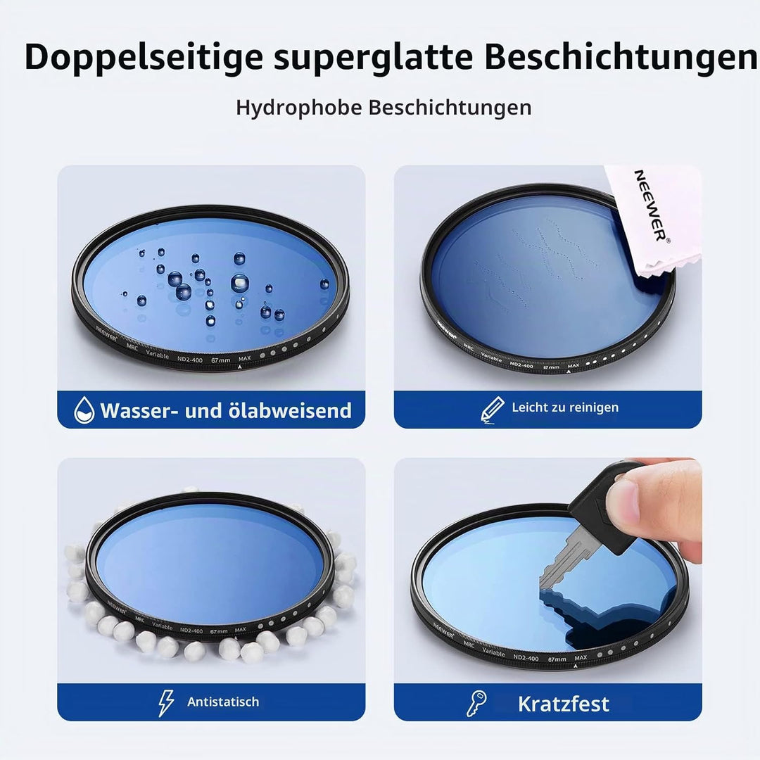NEEWER 67mm Variabler ND Filter ND2-ND400 (1-9 Stops), Graufilter, Neutraldichtefilter, mehrere Besc