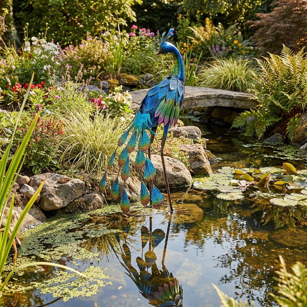 TERESA'S COLLECTIONS Gartenfigur für Aussen, Gartendeko für draussen, 57cm Metall Pfau Wetterfest Fi