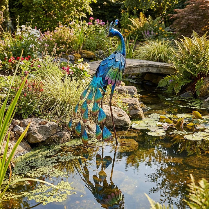 TERESA'S COLLECTIONS Gartenfigur für Aussen, Gartendeko für draussen, 57cm Metall Pfau Wetterfest Fi
