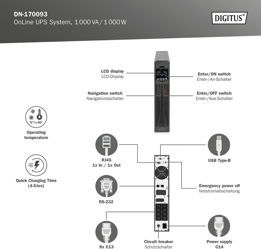 DIGITUS OnLine USV-System - 1 kVA / 1 kW - 19-Zoll 2HE Montage - Echte Doppelwandler-Technologie - U