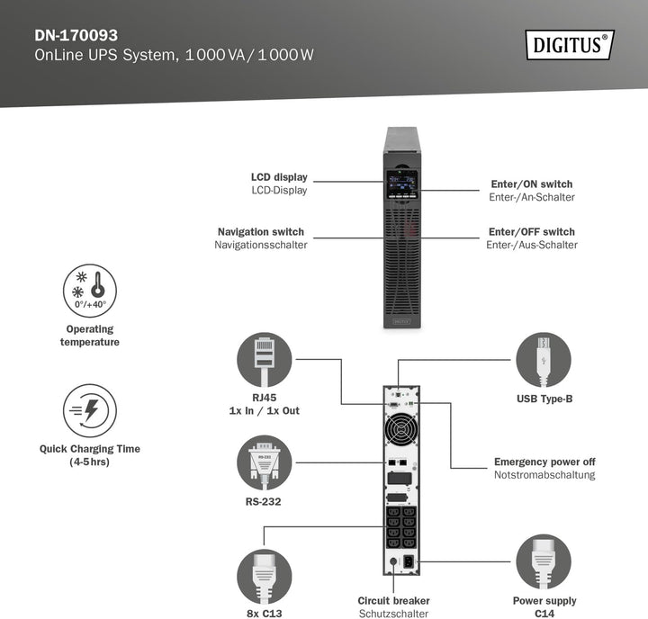 DIGITUS OnLine USV-System - 1 kVA / 1 kW - 19-Zoll 2HE Montage - Echte Doppelwandler-Technologie - U