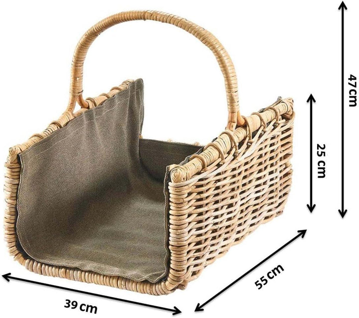 Kobolo Holztrage Holzkorb für Kaminholz eckig - Rattan grau - mit dunklem Stoff ausgestattet