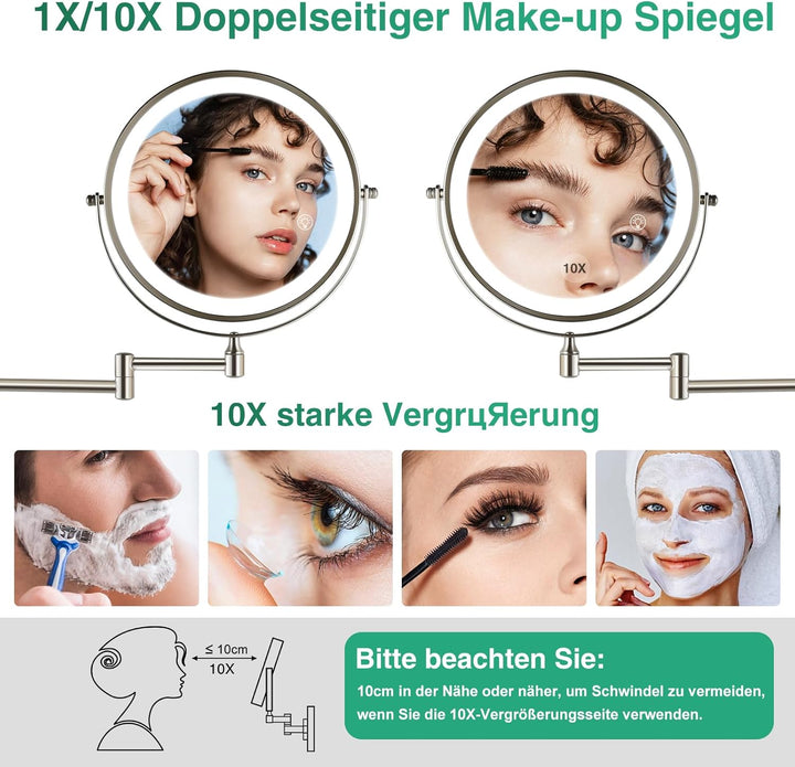 Aufladbarer Wandmontiertes Make-up Spiegel in gepoliertem Nickel, mit Beleuchtung, zweiseitig 1X/10X