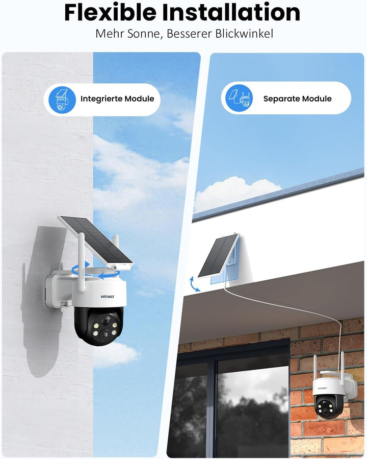2K Überwachungskamera Aussen Solar, 2er Set, 360° PTZ WLAN | 2 Kameras für Eingang, Garten und Garag