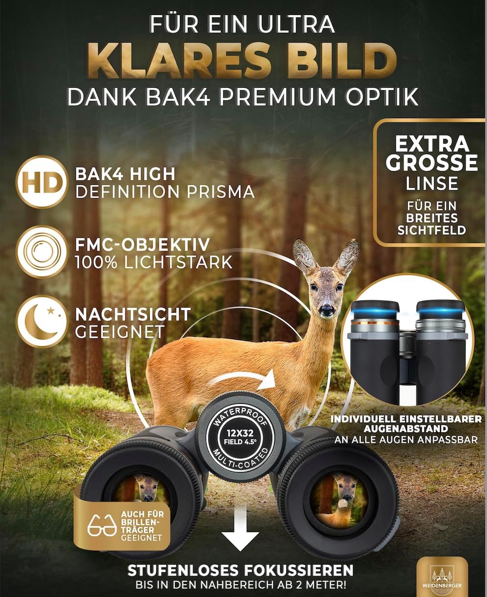 Fernglas 12x32 [TESTSIEGER], Wasserdicht nach IPX7, Nitrogengefüllt & stossfest, Fernglas für Erwach