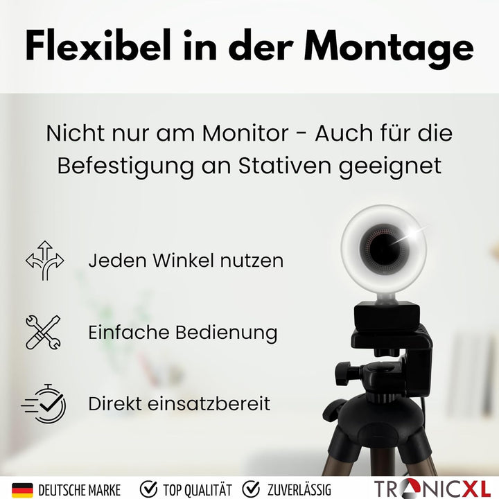 TronicXL Webcam Full HD mit Ringlicht Lampe 1920x1080p Autofokus I 2 Mikrofone Geräuschunterdrückung