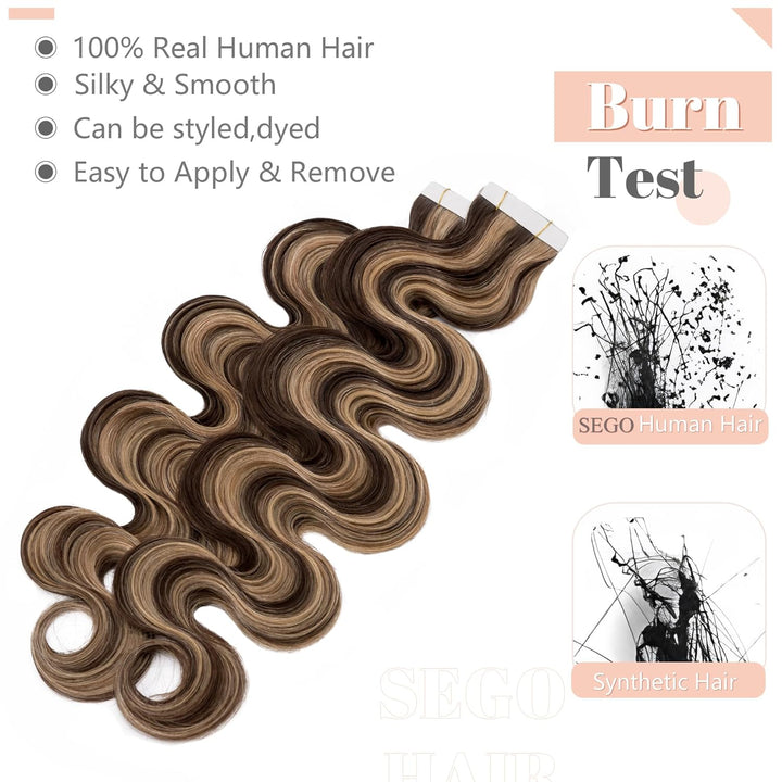 SEGO Tape Extensions Echthaar GEWELLT 16zoll/40cm 20 Stück Klebeband Haarverlängerung 50G mit 10 PCS