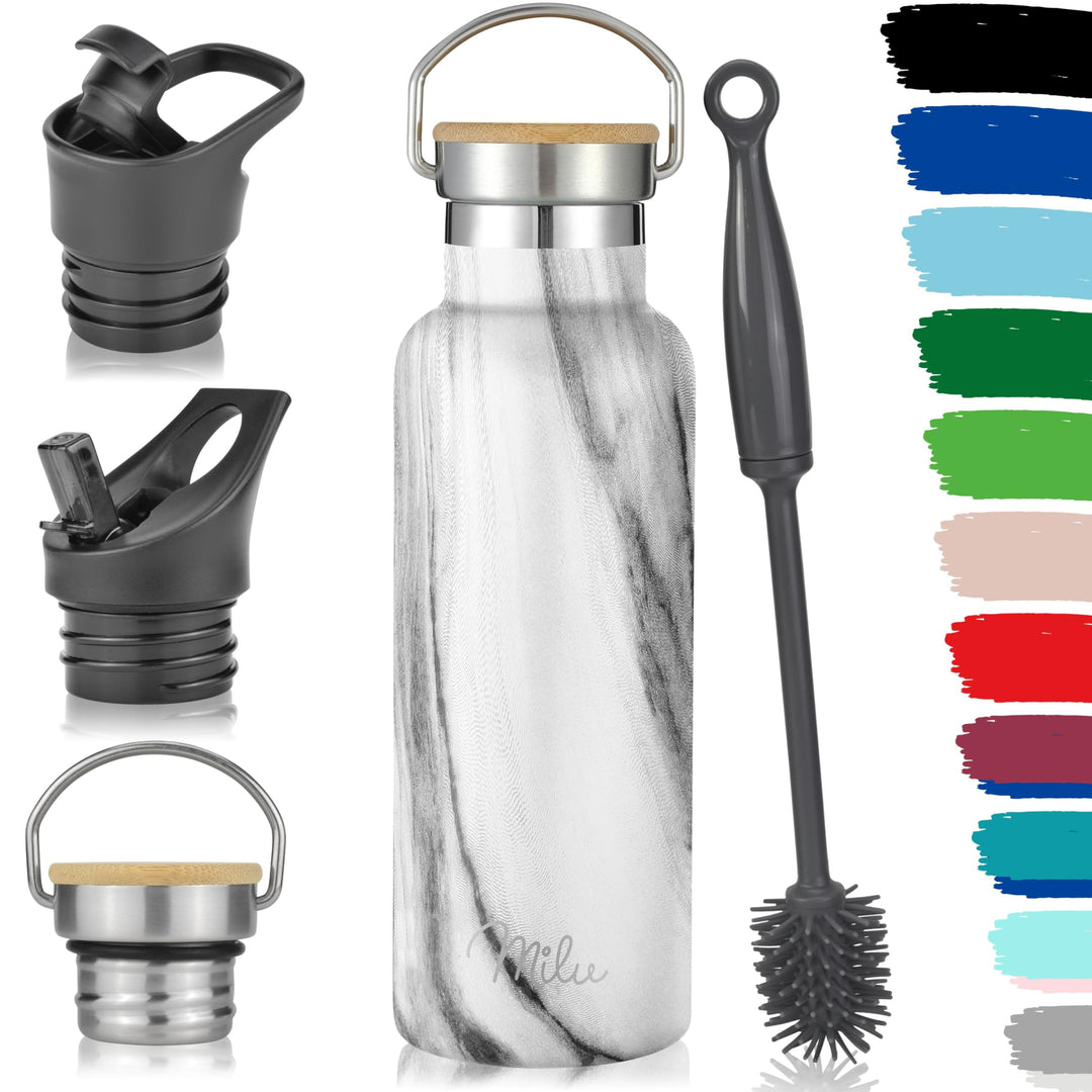 Milu Edelstahl Trinkflasche 500ml, 750ml, 1000ml (+3 Deckel) - Thermosflasche mit Strohhalm, Isolier