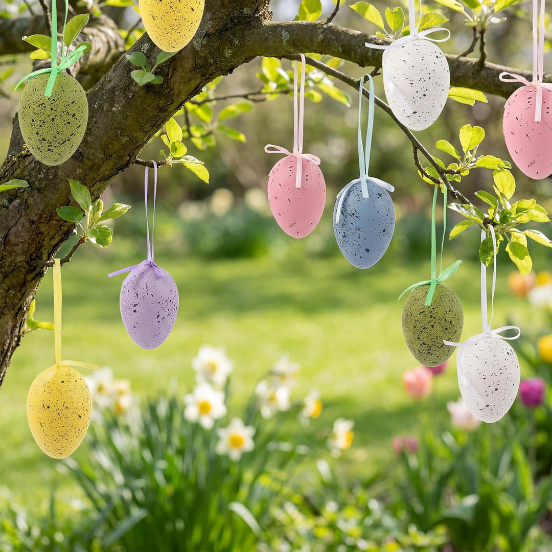Ostern Deko 24Stück Ostereier zum Aufhängen - Brechfeste Aufhängung Ostereier Deco mit Grünem Raffie