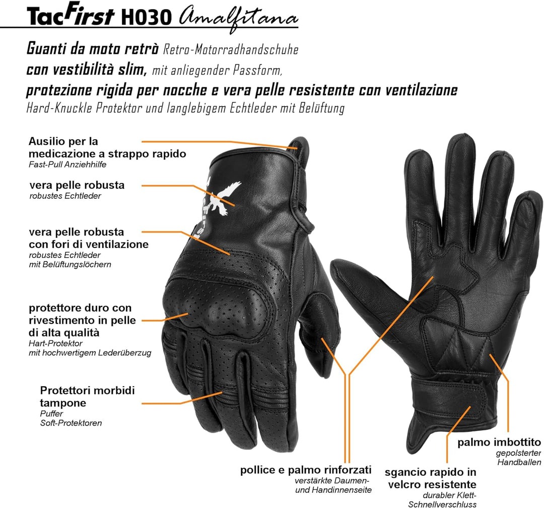 TacFirst AMALFITANA Motorrad Handschuhe Sommer aus Leder, Retro, Vintage Lederhandschuhe Damen, Herr