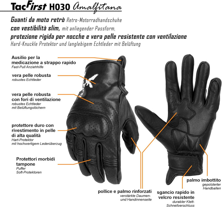 TacFirst AMALFITANA Motorrad Handschuhe Sommer aus Leder, Retro, Vintage Lederhandschuhe Damen, Herr