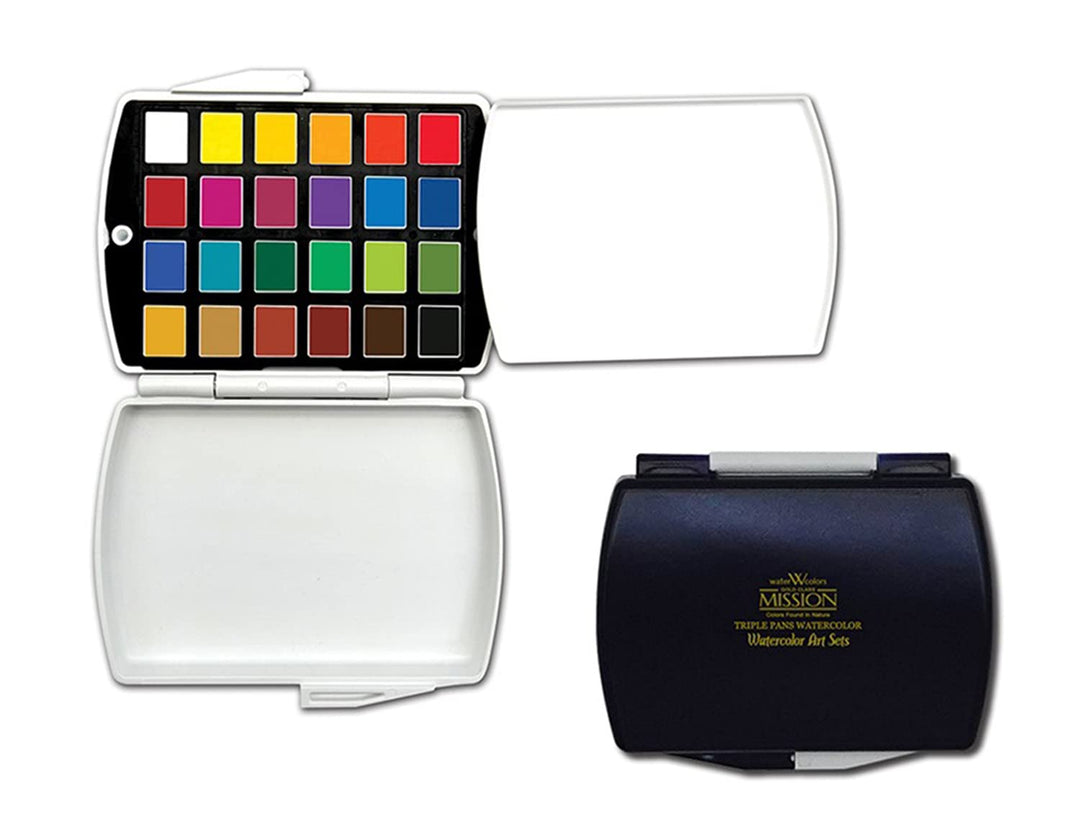 MIJELLO 87028 Mission Gold Aquarell-Kasten mit 1/2 Näpfchen, cadmiumfreie Künstler-Aquarellfarbe, 24
